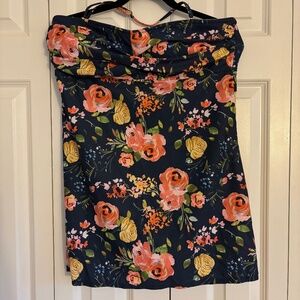 Swimsuit 1 piece attached skirt, floral, ruched top, size XL